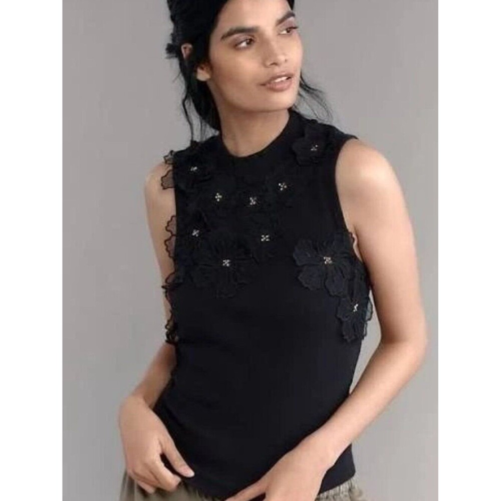 By Anthropologie Sleeveless 3D Floral Applique Blouse Top Black Ribbed S 290465